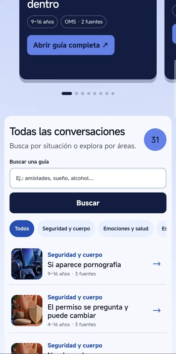 Biblioteca de ConversaYoung con búsqueda y categorías